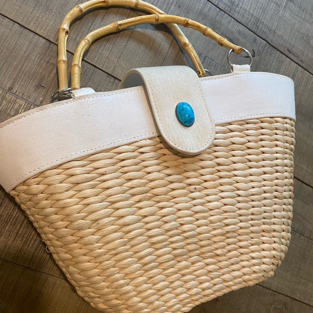 Straw & Fabric Tote w/Jewel accent and wood handles
